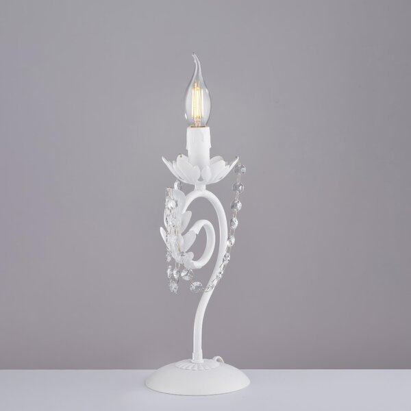 Lumetto Damasco in ferro laccato bianco con decorazione shabby e strass in cristallo 1 luce , altezza 39 Cm, larghezza 16 Cm