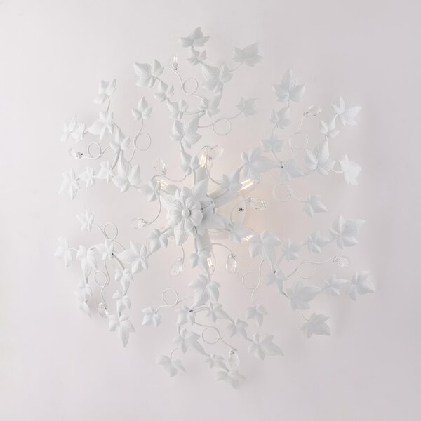 Plafoniera Edera in ferro laccato bianco con decorazione shabby e strass in cristallo 6 luci , altezza 22 Cm, larghezza 80 Cm