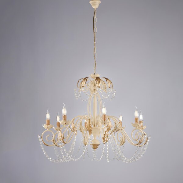 Lampadario Damasco in ferro laccato avorio con decorazione decap� e rifiniture oro con strass in cristallo 8 luci , altezza 70 Cm, Cavo allungabile fino a 130 Cm, larghezza 90 Cm
