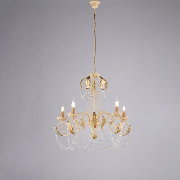 Lampadario Damasco in ferro laccato avorio con decorazione decap� e rifiniture oro con strass in cristallo 5 luci , altezza 65 Cm, Cavo allungabile fino a 125 Cm, larghezza 63 Cm