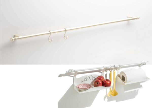 Barra sotto pensile KIT portautensili + 3 ganci in AVORIO Lunghezza 60 cm cm Sezione 1.5 cm adatta x Cucine Shabby Chic e Muratura colore avorio