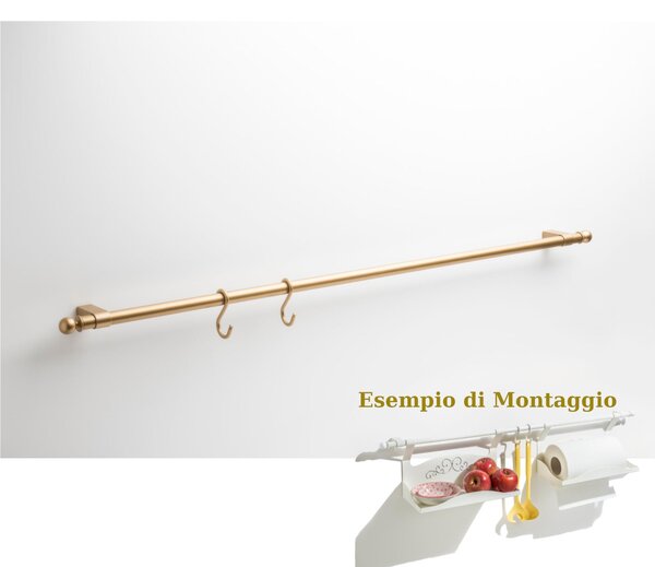 Barra sotto pensile KIT portautensili + 3 ganci in ORO SATINATO Lunghezza 60 cm cm Sezione 1.5 cm adatta x Cucine Shabby Chic e Muratura colore ORO SATINATO