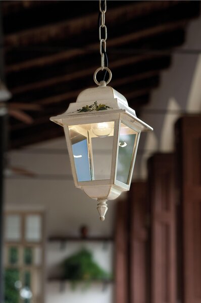 Sospensione da esterno in materiale Ceramico SMALL 17,5x17,5x h 36 cm peso 1,6 kg - Attacco Lampada E 27 interno esterno, con vetri Bianco Sfumato Oro