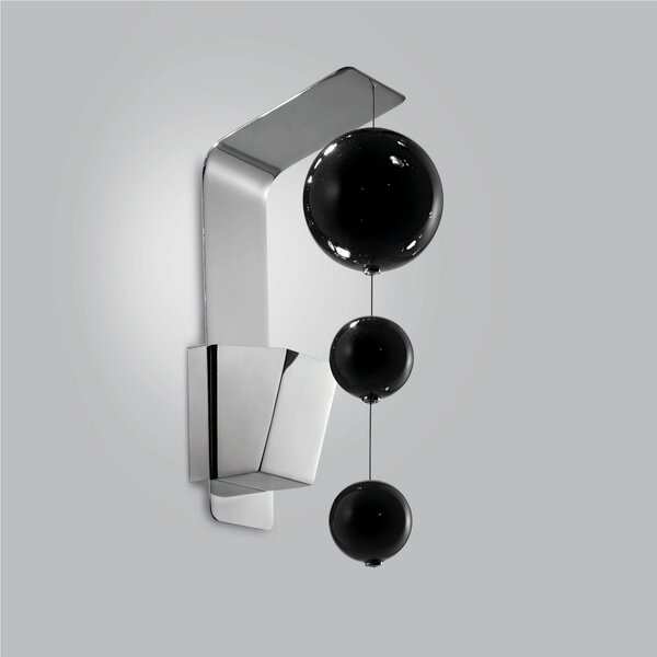 Applique da muro solida base inox a taglio laser Bolero Dimensioni 10x15x h 31 cm G10 1 x Max 500 Watt 1,0 kg e diffusori con sfere in vetro cristallo Nero