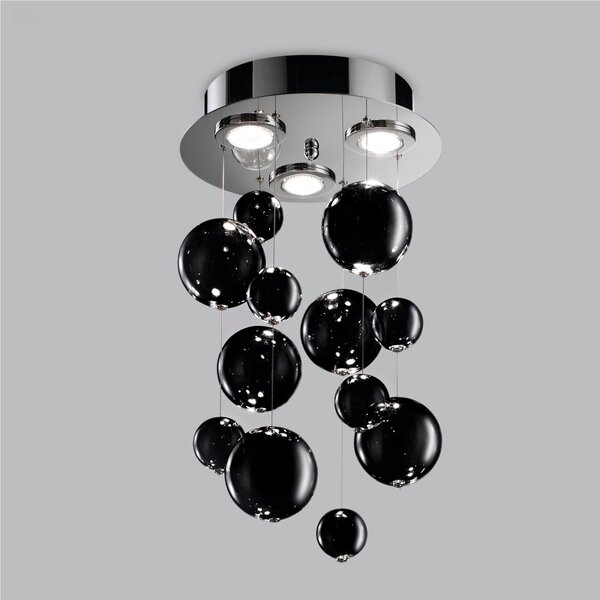 Plafoniera da muro solida base inox a taglio laser Bolero Dimensioni � 30x h 70 cm G10 3 x Max 500 Watt 3,5 kg e diffusori con sfere in vetro cristallo nero