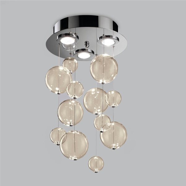 Plafoniera da muro solida base inox a taglio laser Bolero Dimensioni � 30x h 70 cm G10 3 x Max 500 Watt 3,5 kg e diffusori con sfere in vetro cristallo Ambra