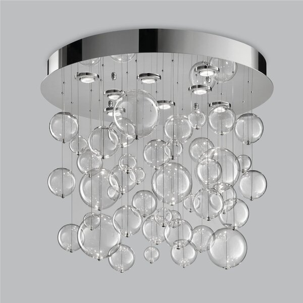 Plafoniera da Soffitto solida base inox a taglio laser Bolero 42 SFERE CRISTALLO Dimensioni 80x80xh 70 cm G10 8x Max 50 Watt 18kg e diffusori con sfere in vetro cristallo Trasparente
