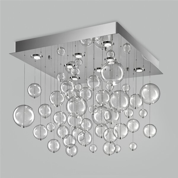 Plafoniera da muro solida base inox a taglio laser Quadrata Bolero 42 SFERE Dimensioni 80x80xh 70 cm G10 8x Max 50 Watt 19 kg e diffusori con sfere in vetro cristallo Trasparente