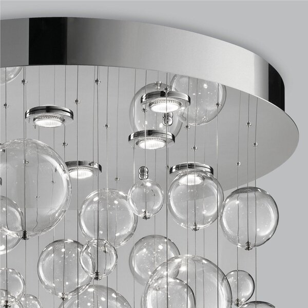 Plafoniera da Soffitto solida base inox a taglio laser Bolero 42 SFERE CRISTALLO Dimensioni 80x80xh 70 cm G10 8x Max 50 Watt 18kg e diffusori con sfere in vetro cristallo Trasparente