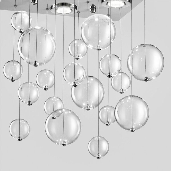Plafoniera da muro solida base inox a taglio laser Bolero 18 SFERE Dimensioni 40x 40xh 70 cm G10 4 x Max 50 Watt 1,5 kg e diffusori con sfere in vetro cristallo Trasparente