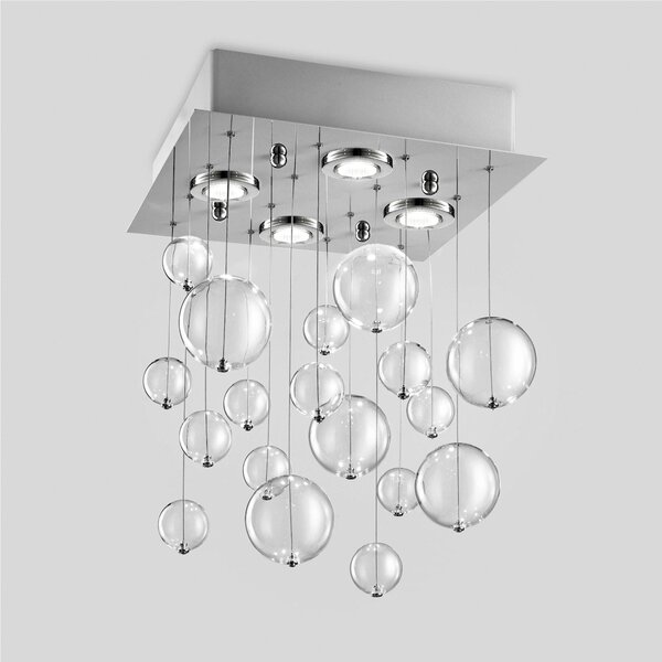 Plafoniera da muro solida base inox a taglio laser Bolero 18 SFERE Dimensioni 40x 40xh 70 cm G10 4 x Max 50 Watt 1,5 kg e diffusori con sfere in vetro cristallo Trasparente