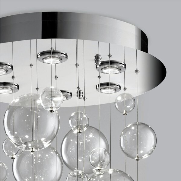 Plafoniera da Soffitto solida base inox a taglio laser Bolero 25 SFERE CRISTALLO Dimensioni 60x60xh 70 cm G10 6x Max 50 Watt 7,5 kg e diffusori con sfere in vetro cristallo Trasparente