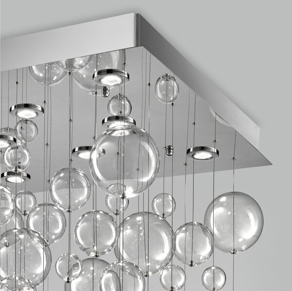 Plafoniera da muro solida base inox a taglio laser Quadrata Bolero 42 SFERE Dimensioni 80x80xh 70 cm G10 8x Max 50 Watt 19 kg e diffusori con sfere in vetro cristallo Trasparente
