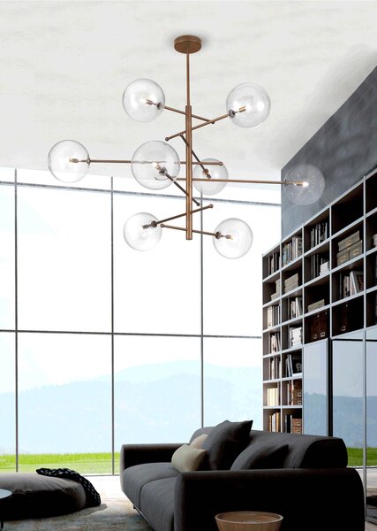Lampada a sospensione con struttura in metallo brunito ESTRO 8 SFERE Dimensioni 105x65xh 80 MAX 110-140 cm G9 8x Max 40 Watt 9 kg e diffusori con sfere in vetro cristallo Trasparente