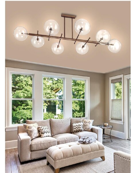 Lampada a sospensione con struttura in metallo brunito ESTRO 6 SFERE Dimensioni 110x65xh 70 MAX 110-130 cm G9 6x Max 40 Watt 7 kg e diffusori con sfere in vetro cristallo Trasparente