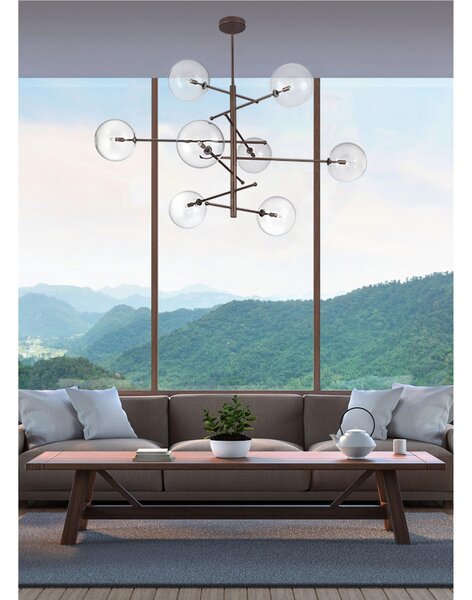 Lampada a sospensione con struttura in metallo brunito ESTRO 8 SFERE Dimensioni 105x65xh 80 MAX 110-140 cm G9 8x Max 40 Watt 9 kg e diffusori con sfere in vetro cristallo Trasparente