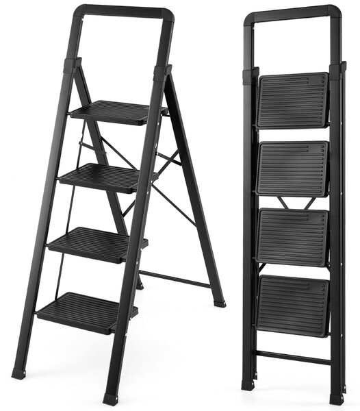 Costway Scala pieghevole a 4 gradini pedale ampio e piedini antiscivolo, Scaletta con maniglia struttura in metallo rinforzata Nero
