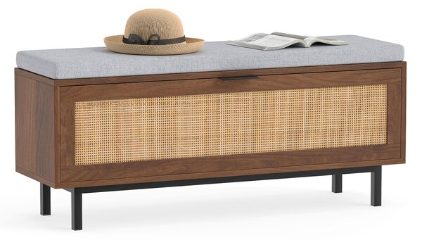 Costway Panca portascarpe da ingresso in legno porta ribaltabile in rattan e piedini antiscivolo per soggiorno e camera, Scarpiera con seduta imbottita 100 x 30 x 40 cm