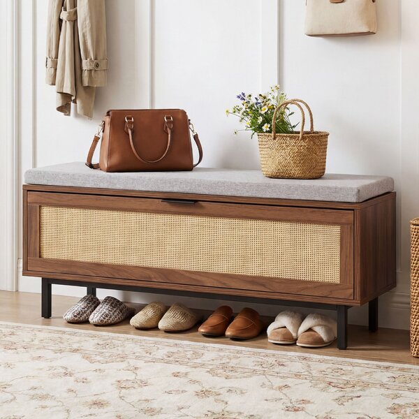 Costway Panca portascarpe da ingresso in legno porta ribaltabile in rattan e piedini antiscivolo per soggiorno e camera, Scarpiera con seduta imbottita 100 x 30 x 40 cm