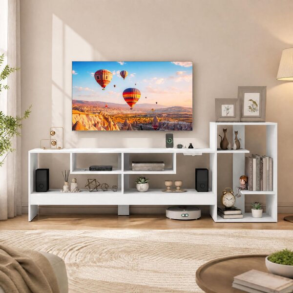 Costway Mobile porta tv fino tavolo supporto tv con stazione di ricarica, Tv fino a 55'' in legno scomparti aperti e base rialzata Bianco