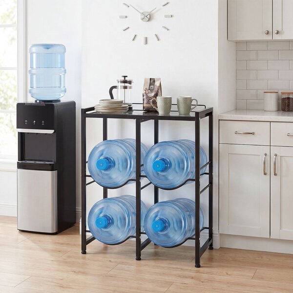 Costway Supporto per brocca d'acqua con piano di lavoro per cucina e ufficio, Supporto per 4 bottiglie in acciaio al carbonio con piedini regolabili