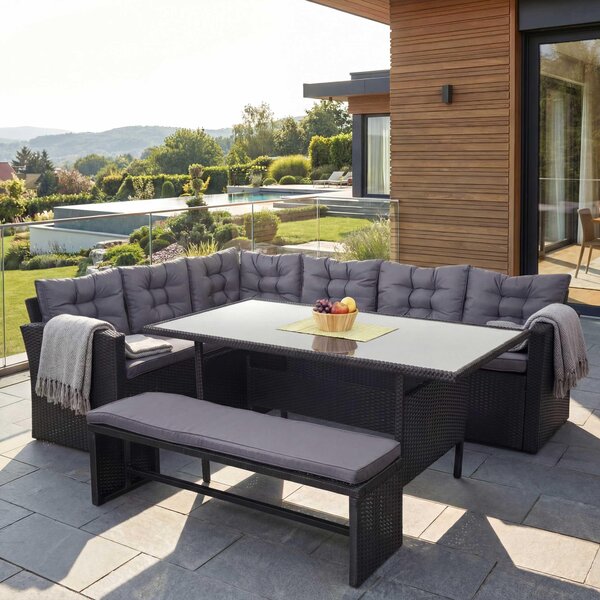 Set in polyrattan MCW-A29, set da giardino con divano, tavolo da pranzo e sedie, nero ~ cuscini grigio scuro, con panca