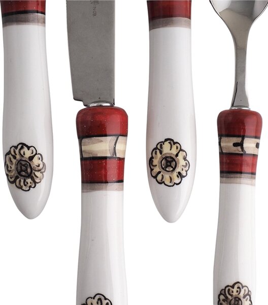 Posate con manico in Ceramica bianca dipinta a mano POMPEI Set 4 pezzi Il manico � decorato con miniature di frutta in toni di bruno e riccioli di blu antico