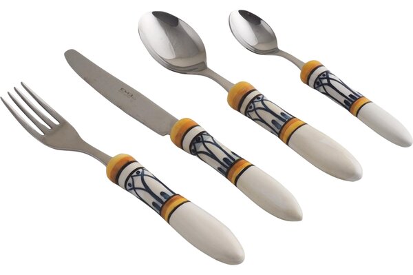 Posate con manico in Ceramica bianca dipinta a mano POSITANO Set 4 pezzi Il manico � decorato con cornici ad arco a cuspide intrecciate in blu antico