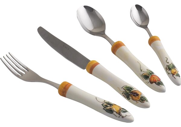 Posate con manico in Ceramica bianca dipinta a mano BEVAGNA Set 4 pezzi Il manico � decorato con piccole miniature di frutta, limoni pesche e melograni