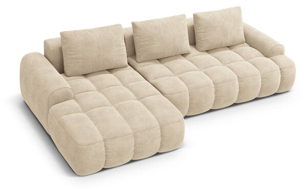 Divano angolare beige allungabile/con contenitore (con penisola a sinistra/con chaise lounge) con rivestimento in velluto Linz – Cosmopolitan Design
