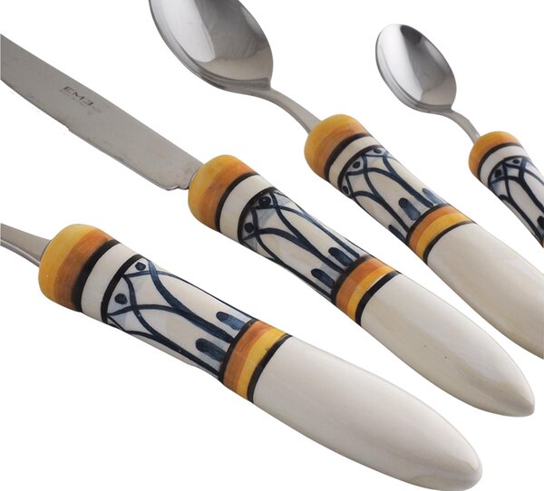 Posate con manico in Ceramica bianca dipinta a mano POSITANO Set 4 pezzi Il manico � decorato con cornici ad arco a cuspide intrecciate in blu antico