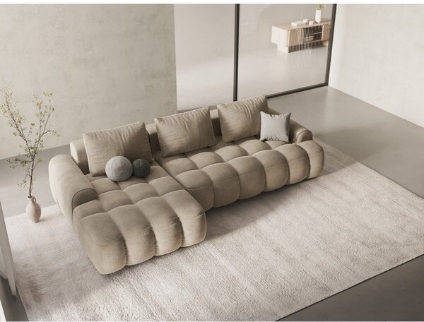 Divano angolare beige allungabile/con contenitore (con penisola a sinistra/con chaise lounge) con rivestimento in velluto Linz – Cosmopolitan Design