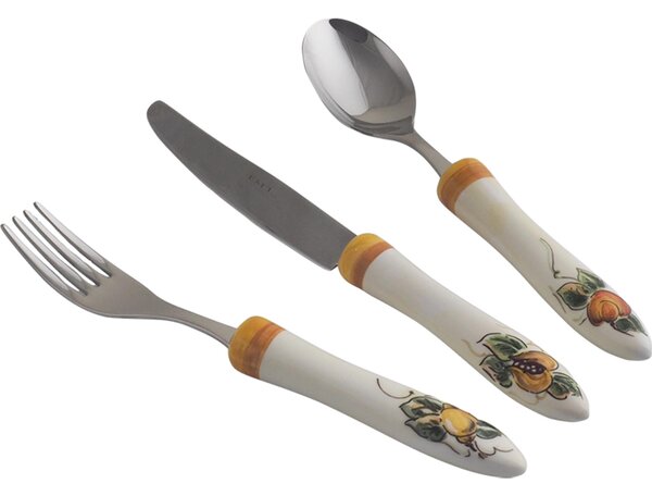 Posate con manico in Ceramica bianca dipinta a mano BEVAGNA Set 3 pezzi Il manico � decorato con piccole miniature di frutta, limoni pesche e melograni