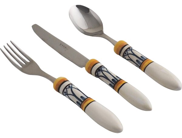 Posate con manico in Ceramica bianca dipinta a mano POSITANO Set 3 pezzi Il manico � decorato con cornici ad arco a cuspide intrecciate in blu antico
