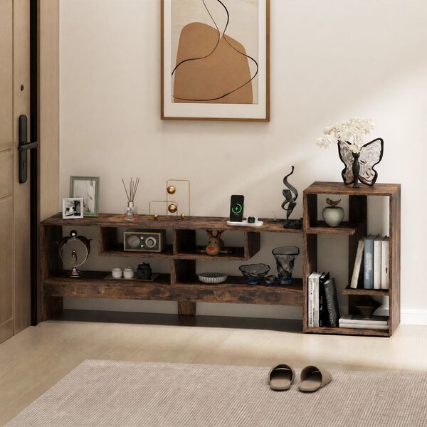 Costway Mobile porta tv fino tavolo supporto tv con stazione di ricarica, Tv fino a 55'' in legno scomparti aperti e base rialzata Marrone