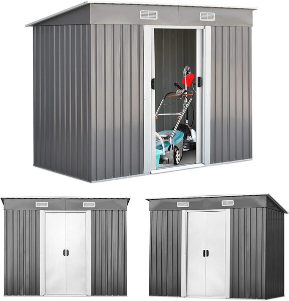 Casetta da giardino in metallo, casetta da giardino impermeabile con tetto a una falda, ripostiglio con 2 porte scorrevoli e 4 prese d'aria, 238 x 131 x 181 cm, casetta da giardino per esterni, casetta da giardino grigia