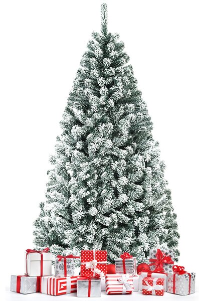 Costway Albero di Natale innevato 180cm con cerniere base di metallo, Albero di Natale artificiale non illuminato