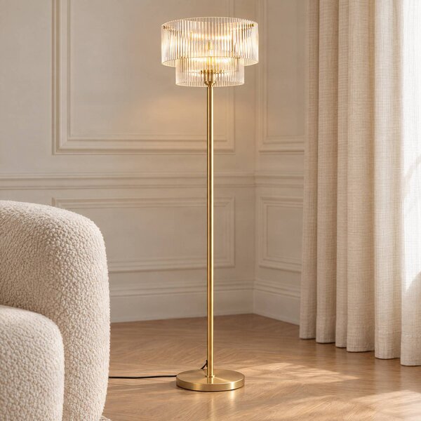 Lampada da terra Meritt Lucande, Ottone / Oro, Soggiorno / Sala da pranzo, Vetro, Moderno, Lampada da terra