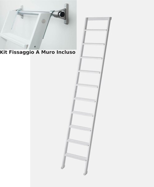 Scala da Appoggio UP 10 gradini Lunghezza 2,50 Mt in Faggio Massello Dimensioni 45x9x h 250 cm Peso 8,5 Kg Con KIT INCLUSO colore legno laccato bianco