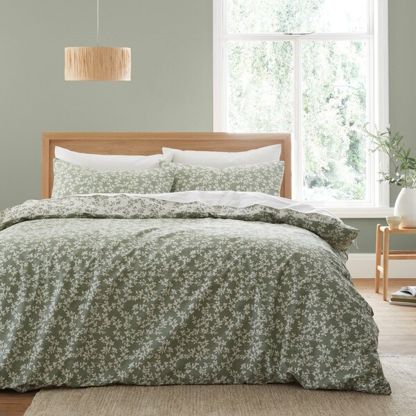 Set copripiumino e federa verde in percalle di cotone per letto matrimoniale/per letto esteso 3 pezzi 230x220 cm Shadow Leaves – Bianca