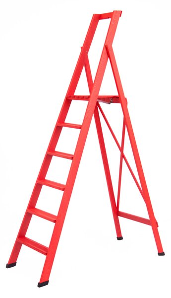 Scala in Legno sei gradini richiudibile BIBO 6 in Faggio Massello Dimensioni H130 cm 57x11x213 cm Peso 10 Kg Con Tascone Porta Attrezzi,colore Rosso