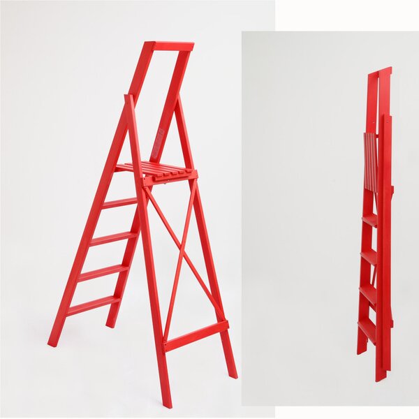 Scala Cinque gradini richiudibile BIBO 5 in Faggio Massello Dimensioni H100 cm 54x11x188 cm Peso 9 Kg Rosso