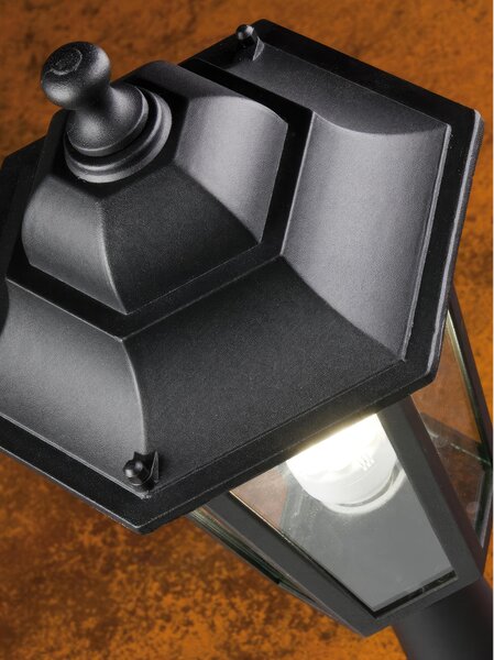 Applique Esagonale in pressofusione di alluminio. ASSISI Grande Diffusori in vetro trasparente. 29x23x h 46 cm Altezza max lampada: 200mm. Alimentazione 230 V ~ 50 Hz NERO