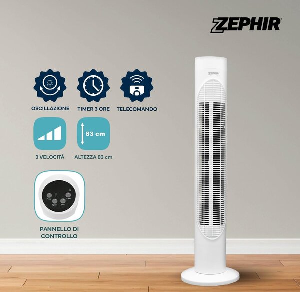 Zephir Ventilatore a Colonna Torre senza Pale 3 Velocit Potenza 50 Watt Oscillante con Timer e Telecomando colore Bianco - BABYLON3