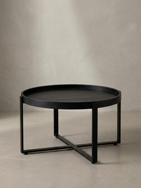 Tavolino da salotto 60x60x35 cm in legno massello di mango / metallo nero Tavolino rotondo, tavolino da salotto di design con bordo rialzato, tavolino da caffè industriale Salotto moderno