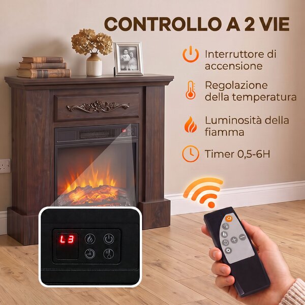 HOMCOM Camino Elettrico da Terra 1800W con Effetto Fiamma, Telecomando, Timer e Temperatura Regolabile, Marrone | Aosom Italy