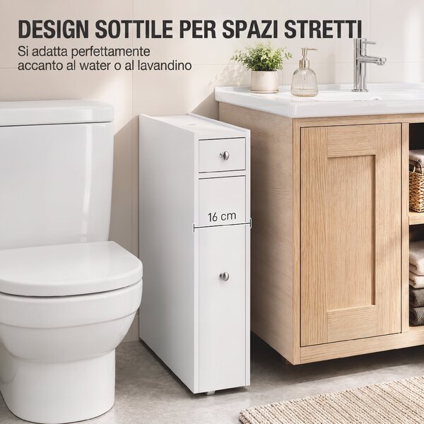 HOMCOM Mobile Bagno Slim con 2 Cassetti e Vano Aperto, per Bagno, Cucina, Lavanderia e Soggiorno, 16x48x58 cm, Bianco | Aosom Italy