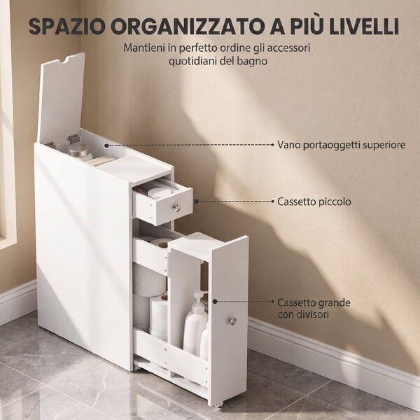 HOMCOM Mobile Bagno Slim con 2 Cassetti e Vano Aperto, per Bagno, Cucina, Lavanderia e Soggiorno, 16x48x58 cm, Bianco | Aosom Italy