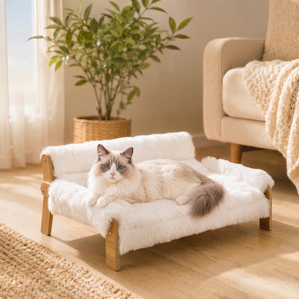 Divanetto per Cani e Gatti Rialzato 70x47x30 cm con Copertura Rimovibile e Piedini Antiscivolo in Peluche e MDF Bianco