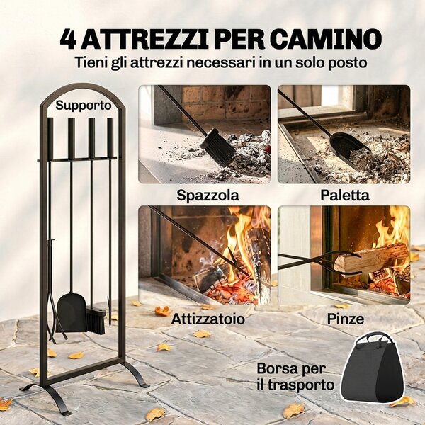 Outsunny Set Camino Metallo 6 Pezzi con Borsa, Spazzola, Paletta, Attizzatoio, Pinze, Supporto, Nero | Aosom Italy